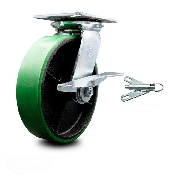 8 Inch Green Poly on Cast Iron Caster with Ball Bearing and Brake/Swivel Lock
